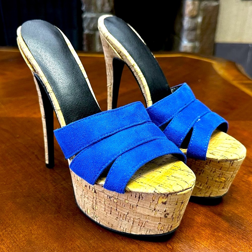 FSJ Blue Suede Cork Platform High Heels